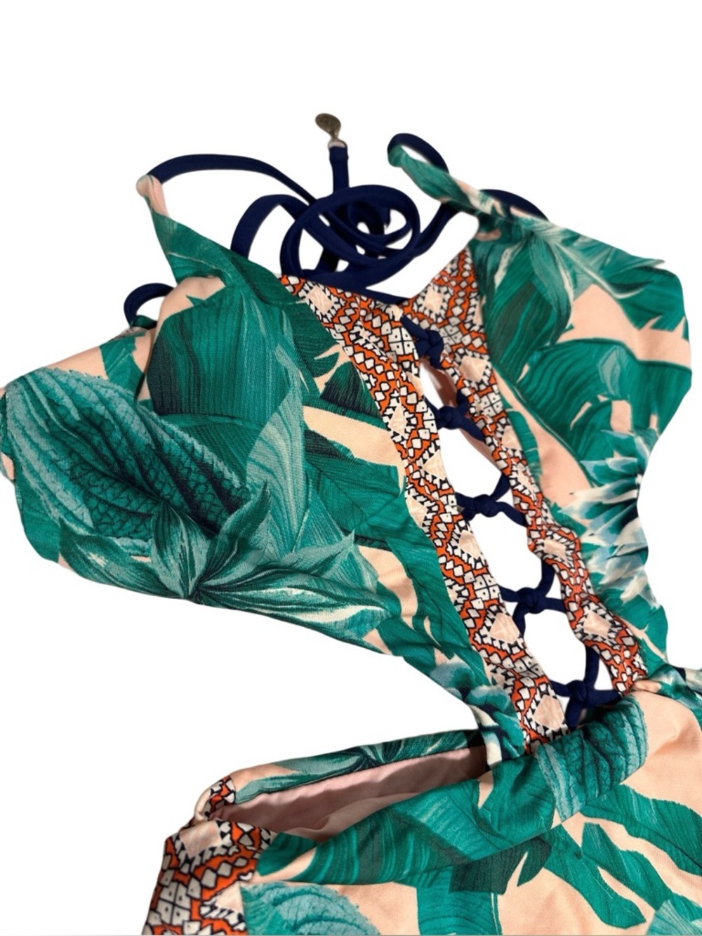 Sperry Top-Sider Tropical 1-Piece Swimsuit Leaf Print Cut Out Braided -Small EUC - Picture 4 of 11